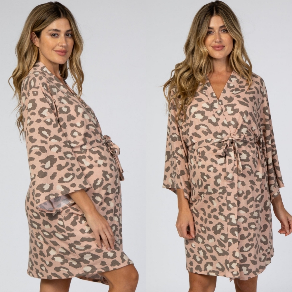 NWT Pink Blush Mauve Leopard Print Delivery / Nursing Maternity Robe